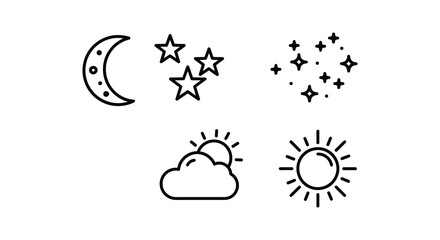 Weather and Sky Icons Sun Moon Stars and Clouds in Simple Line Art