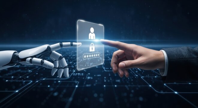 Human and AI Hand Touching Digital Interface: Cybersecurity Concept with Futuristic Elements, Password Protection - Powered by Adobe