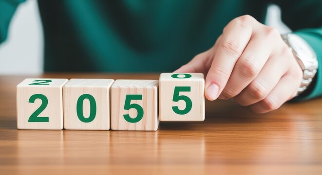 Hand placing wooden block to change year to 2055, future planning and forecasting concept