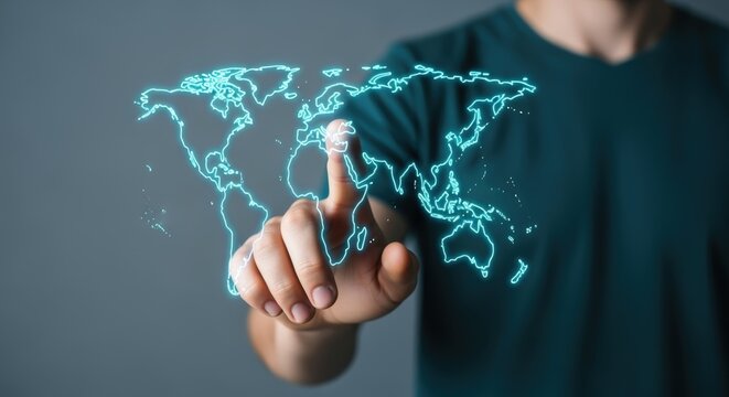 Global Connection Interface: Man Interacting with a Holographic World Map on a Touchscreen Display