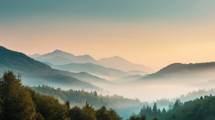 Fototapeta premium Beautiful scenic view of mountain landscape with early morning mist and sunrise light