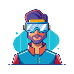 Futuristic man wearing augmented reality goggles exploring immersive 3D holographic interface in clean vector illustration with white background