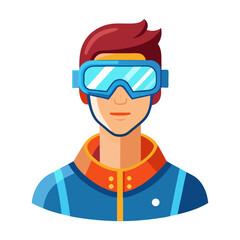 Futuristic man wearing augmented reality goggles exploring immersive 3D holographic interface in clean vector illustration with white background
