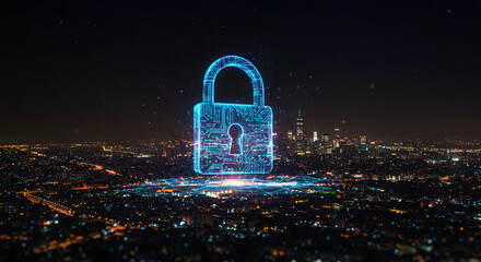 Futuristic digital padlock over a cityscape, security concept for online data privacy and
