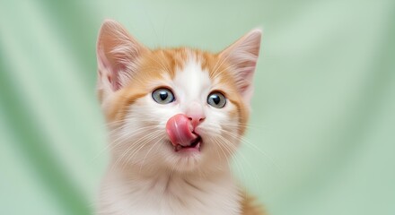 Fototapeta premium Adorable Orange and White Kitten Licking its Nose A Playful Pet Portrait