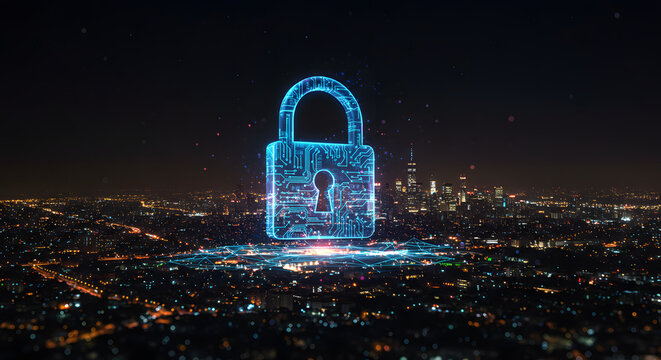 Futuristic digital padlock over a cityscape, security concept for online data privacy and
