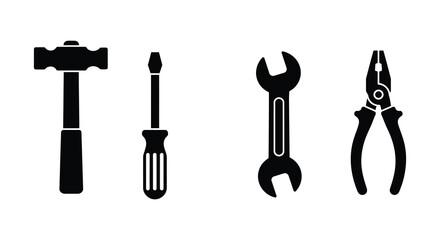 Black and white silhouette of four common hand tools for repair work