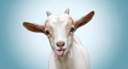 Funny young goat sticking out its tongue in a silly expression. A cute kid with wide ears on a blue background.