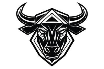 Black bull head is shown in intricate geometric art with sharp details