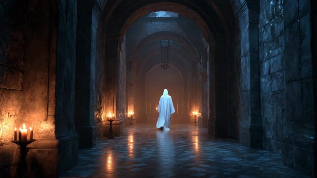 Mysterious monk with a candle on a quest in a medieval stone dungeon