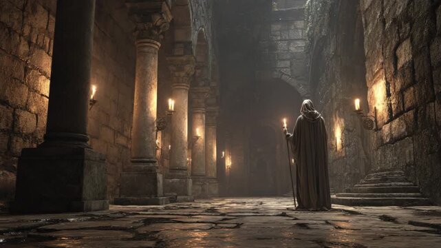 Mysterious monk with a candle on a quest in a medieval stone dungeon