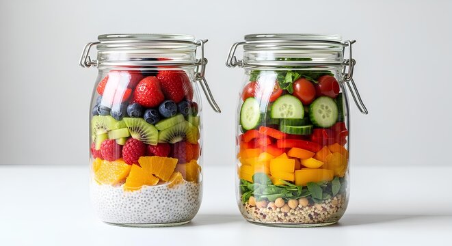A concept of healthy eating with vibrant rainbow fruit and vegetable salads in jars for meal prep and a balanced diet.