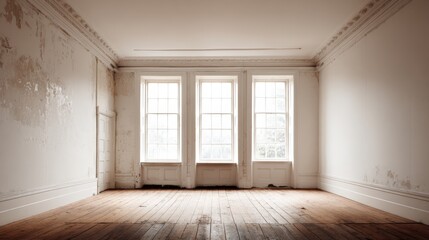 Obraz premium Empty Room with Natural Light: Interior Space Featuring Wooden Floors and Three Windows, Ideal for Renovation