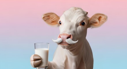 Quirky portrait of a funny cow with a white handlebar mustache holding a glass of milk against a pastel gradient background