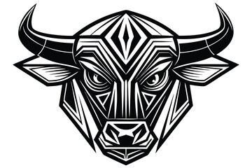 Naklejka premium Geometric bull head displays striking symmetry with sharp lines and bold black and white contrast