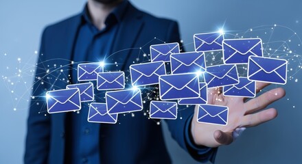 Digital Communication Concept: Hand Presenting Email Icons in a Connected Network for Marketing and Business