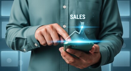 Man Using Smartphone with Sales Growth Chart Overlay, Representing Business Success and Digital Marketing Strategies