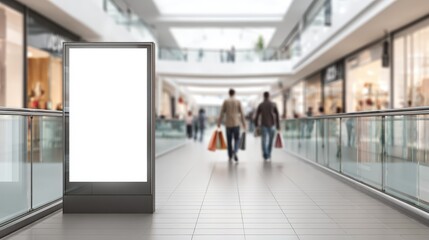 Blank Advertisement Billboard Mockup Inside Shopping Mall With Blurred Shoppers in Background, Ready for Marketing