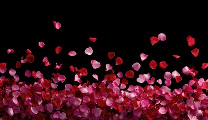 Rose petals falling on black background