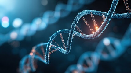 A genetic engineering- themed picture, with a DNA double helix structure in the center, surrounded by gene sequence fragments, and the background is the blue light source of the laboratory 