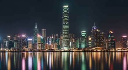 Obraz premium Illuminated Cityscape at Night Reflecting in Water, Featuring Towering Skyscrapers and Vibrant Urban Scene