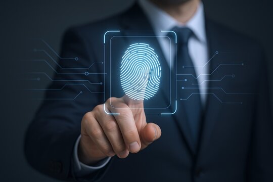 Biometric Identification Concept: Man Touching Fingerprint Icon Displayed with Advanced Technology and Security in Digital World