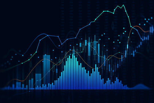 Futuristic financial data visualization with upward trend and bar chart