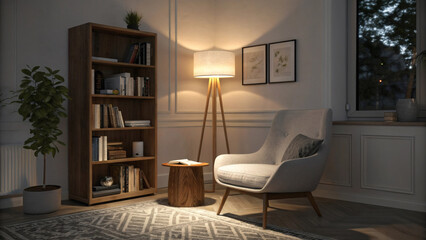 Fototapeta premium Stylish evening interior with glowing warm lights, armchair facing a built-in bookshelf, and soft reflections creating a calm and inviting space.