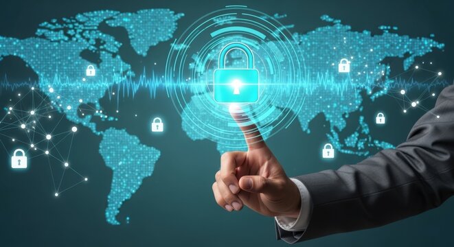 Global Cybersecurity Concept: Businessman Touching Virtual Lock Icon on World Map Interface Display - Powered by Adobe