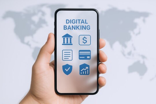 Digital Banking Interface Displayed on Smartphone Held by Hand Over World Map Background
