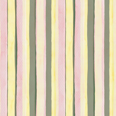 Vertical stripe seamless pattern in pastel pink green and yellow. Hand drawn watercolor design with textured brushstroke. Great for wallpaper and kitchen fabric. Perfect for bed linen and baby decor.