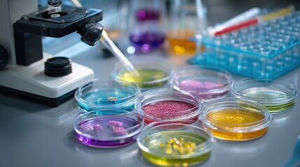 A picture of biopharmaceutical research and development, with neatly arranged petri dishes at the bottom, containing biopharmaceuticals of different colors, and a microscope and pipette above