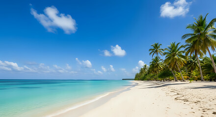 Serene tropical beach paradise with turquoise water, white sand, and swaying palm trees under a clear blue sky.
