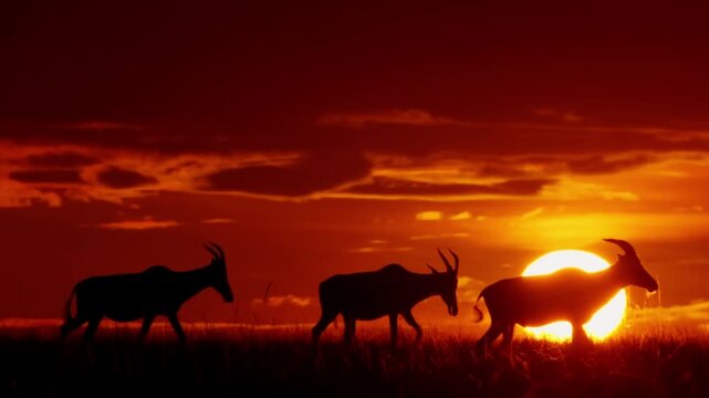 Amazing Elegant Wildebeest Silhouette Under a Radiant Sunset Sky Orange