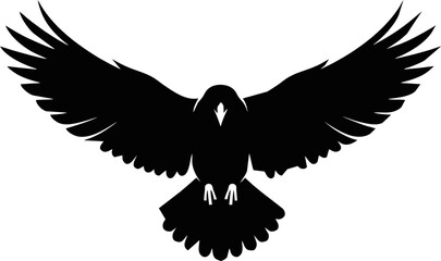 Flying Bird Silhouette with Extended Wings – Dynamic Black Vector of Bird in Midair Front View