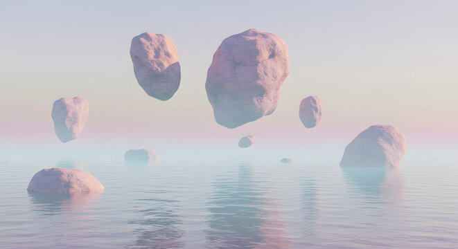 Tranquil surreal seascape with floating rock formations under a pastel sky dreamscape