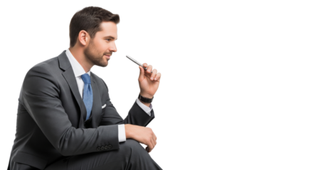 young businessman with pen isolated on white or transparent background