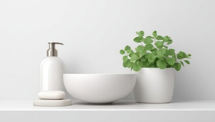 White bathroom shelf with soap dispenser, bowl, and plant