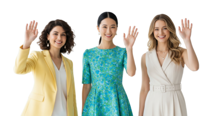group of friendly young woman waving hands like say "hello" or "goodbye" isolated on white or transparent background