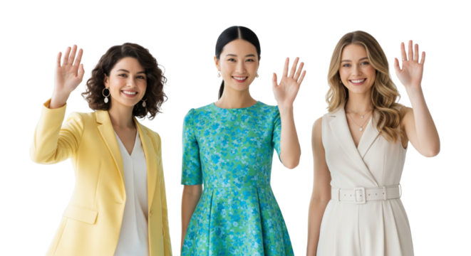 group of friendly young woman waving hands like say "hello" or "goodbye" isolated on white or transparent background