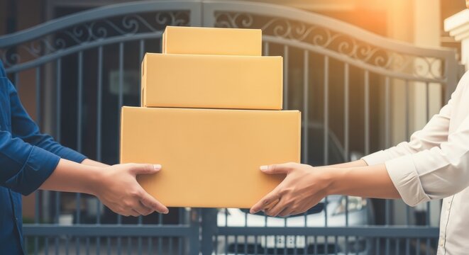 Hands delivering stacked cardboard boxes representing delivery service, e-commerce, shipping, and logistics concepts