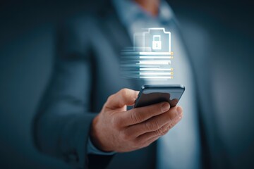 Businessman holding phone with digital security folders