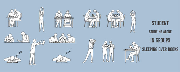 Architectural Drawings students studying alone, in groups, or sleeping over books vector illustration, side view, human person Minimal style hand drawn.
