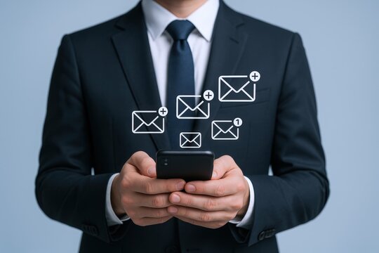 Businessman Using Smartphone Checking Messages with Email Icons. Communication and Digital Technology Concept Image