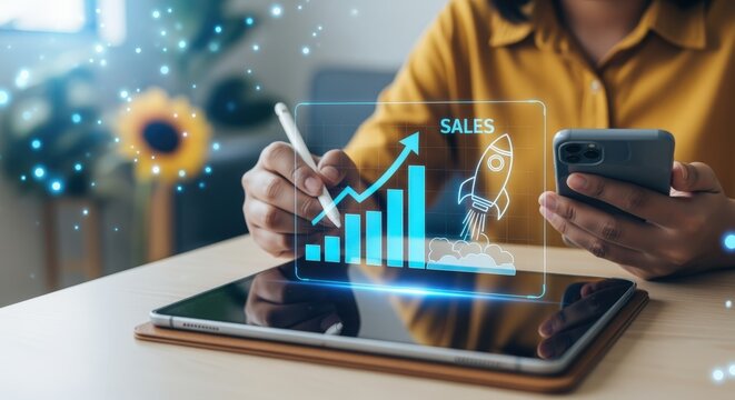 Woman Analyzing Sales Data on Tablet with Digital Display and Mobile Phone for Strategy