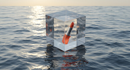 Lipstick encased in an ice cube floating on ocean, contrasting textures and reflections creates