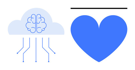 Cloud with brain and connecting lines symbolizes AI and technology integration. Blue heart and line embody emotional intelligence. Ideal for tech, innovation, AI, connection, data, emotion, simple