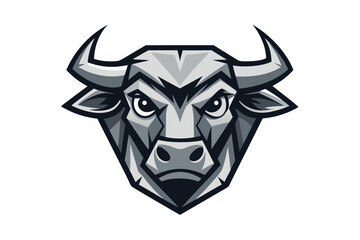 Geometric bull with strong horns and a fierce expression faces forward isolated in white