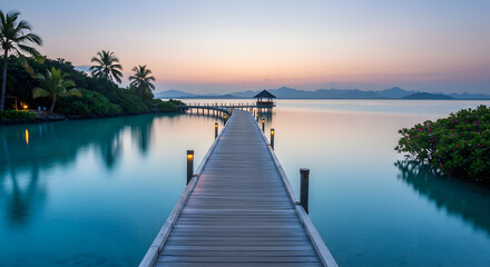 Obraz premium Idyllic Tropical Getaway: Serene Dawn Over a Tranquil Wooden Pier Leading to Paradise