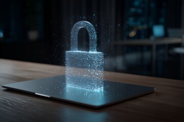 Digital padlock made of sparkling light particles over a laptop on a desk. Concept for data privacy solutions, network security implementation and encryption strategies
